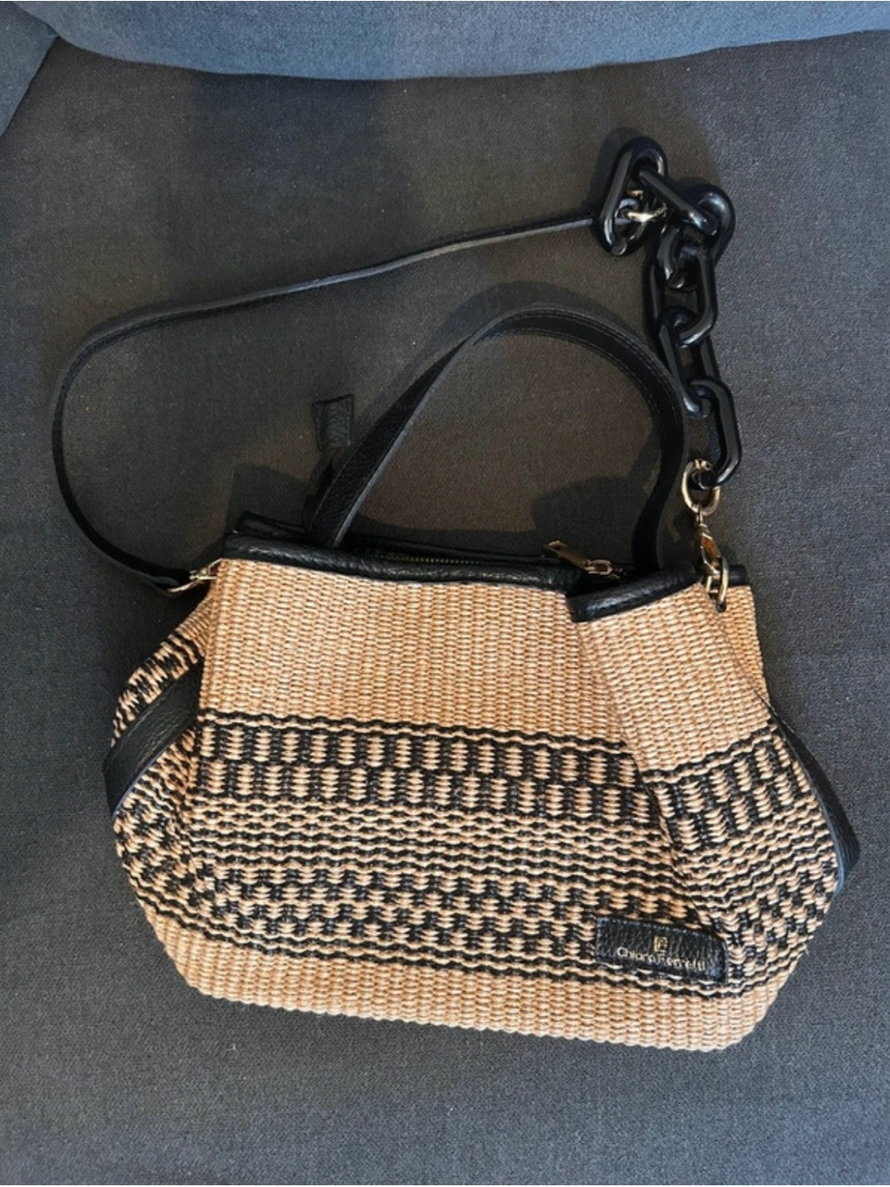 Chiara Ferragni Straw-Weave Shoulder Bag with Black Trim